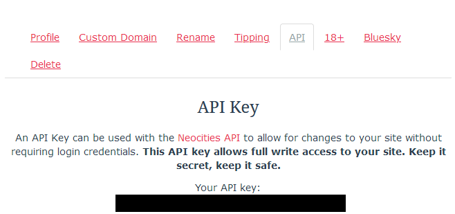 Neocities site settings viewing the API tab.